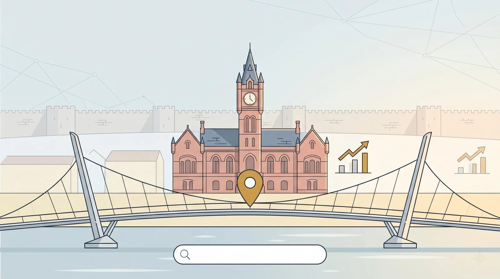 Flat vector illustration of Derry's City Walls and Peace Bridge with local SEO chart motifs and a map pin in muted amber.