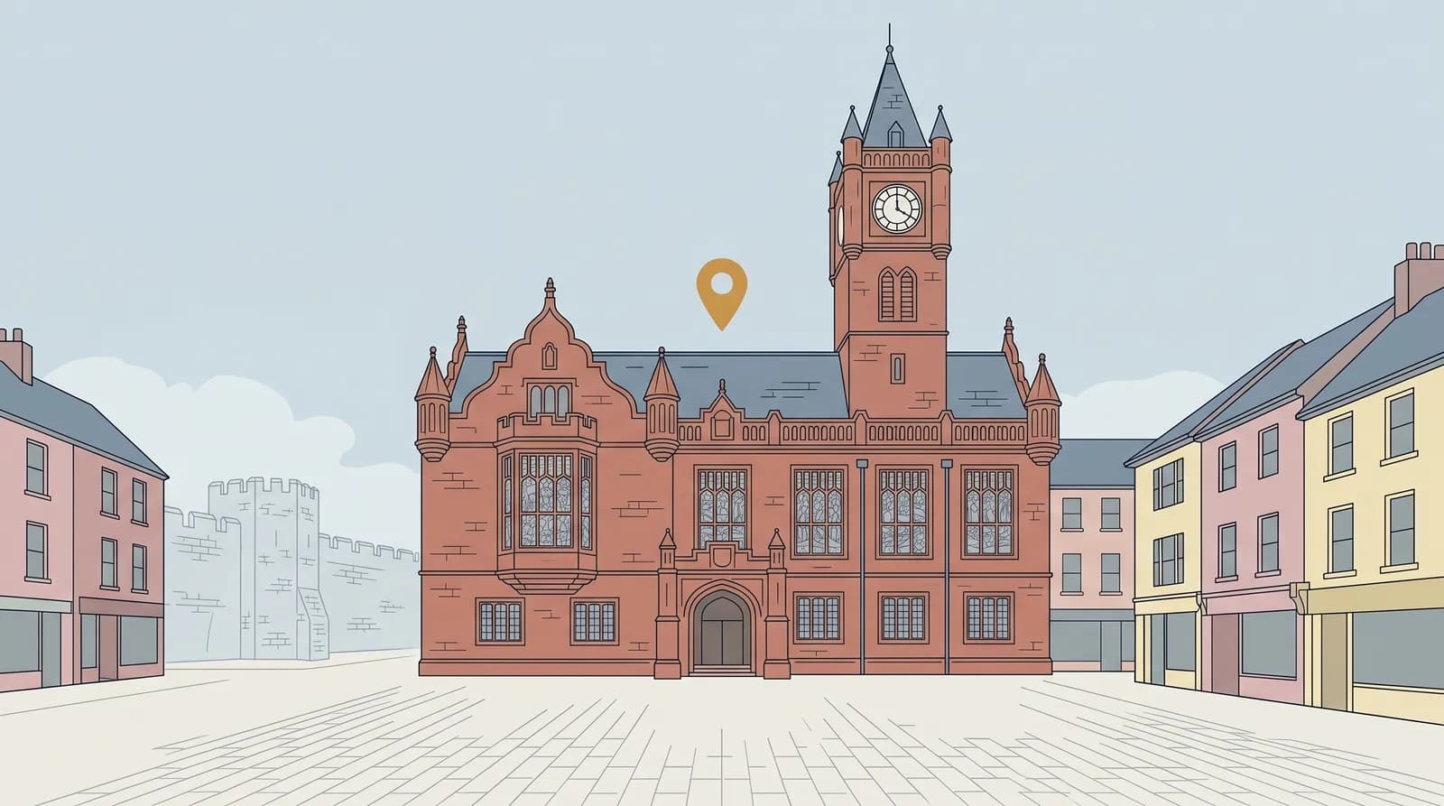 Stylised illustration of the Guildhall in Derry with upward-trending bar charts representing organic search growth for local businesses.