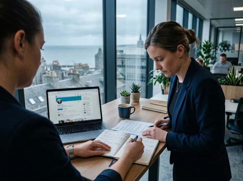 Marketing strategist reviewing a B2B LinkedIn and content strategy plan for an Aberdeen energy sector business
