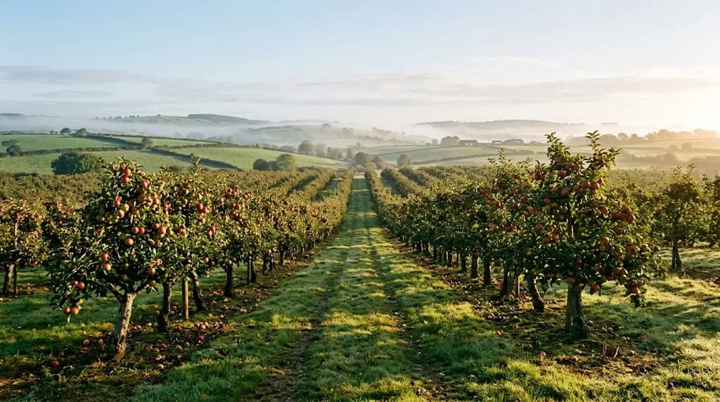County Armagh apple orchard at autumn sunrise representing the agri-food economy at the heart of Aristral's digital marketing work for Armagh businesses