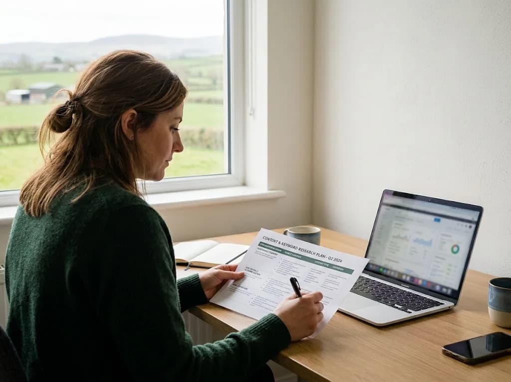 Marketing strategist reviewing an SEO and content plan for a Northern Ireland agri-food business