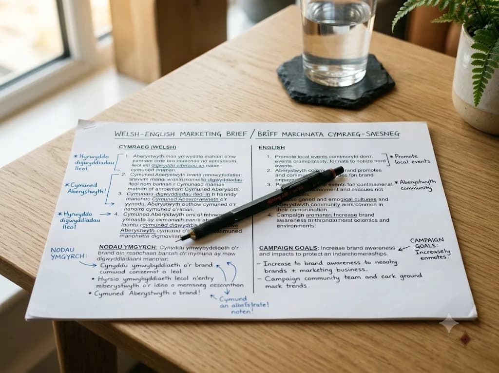 Bilingual Welsh and English marketing brief on a desk representing bilingual SEO content strategy for a Bangor, Gwynedd business