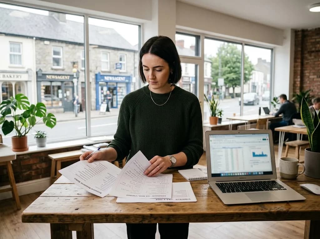 Marketing professional reviewing an SEO strategy plan for a Northern Ireland business in a co-working space