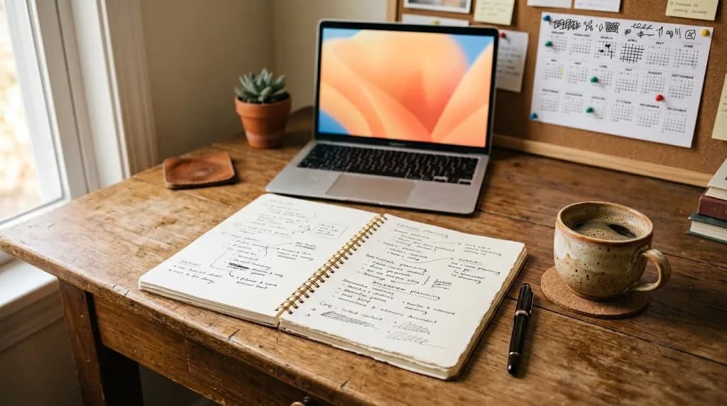 Creative workspace with content planning notes and editorial calendar, representing content marketing strategy for Bath businesses