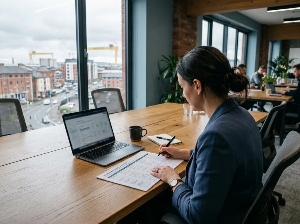 Strategist reviewing a B2B content and LinkedIn campaign plan for a Belfast tech firm in a modern co-working space