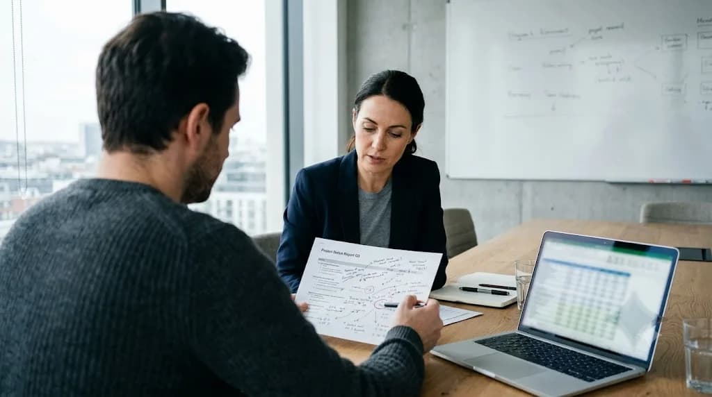 Two professionals reviewing a digital marketing strategy for a Bradford B2B manufacturing business in a meeting room