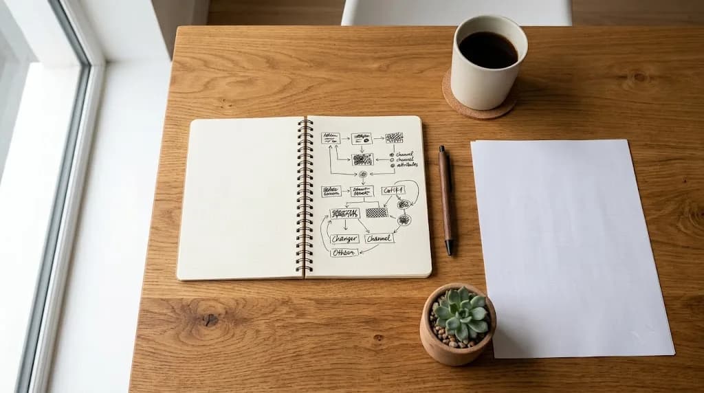 A desk in a Brighton creative studio with campaign flow diagrams and attribution planning notes, no readable text