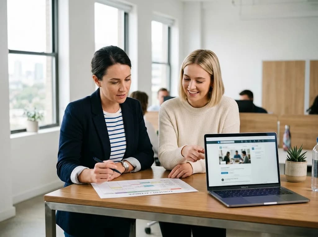 Two marketing strategists reviewing a B2B content and LinkedIn campaign plan for a Cambridge technology business