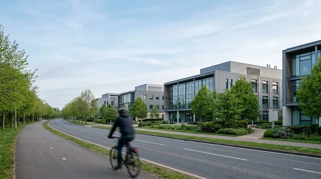 Cambridge science park road with research buildings representing Aristral's digital marketing services for Cambridge businesses