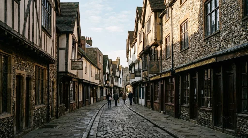 Medieval Canterbury lane with independent shop fronts on a clear morning representing local digital marketing for Canterbury businesses
