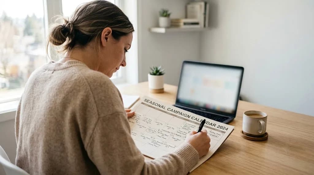 Marketing strategist reviewing a seasonal campaign calendar for a Canterbury business at a bright desk