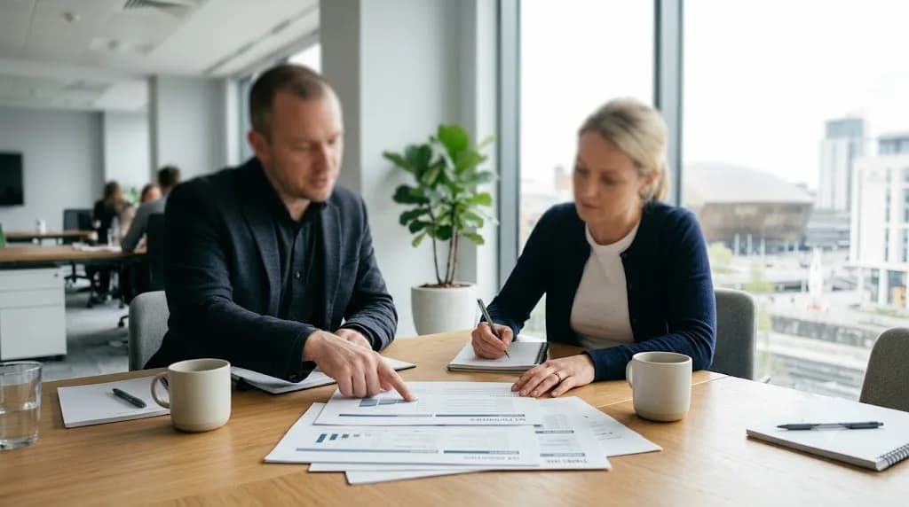 Two professionals reviewing a digital marketing strategy document in a Cardiff office
