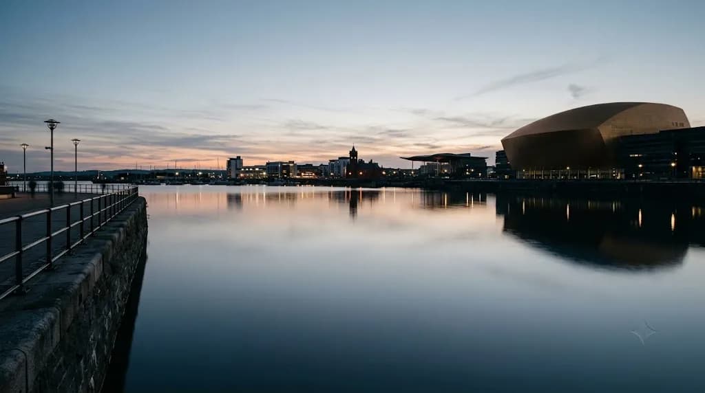 Cardiff Bay waterfront at dusk representing Aristral's digital marketing work for Cardiff businesses