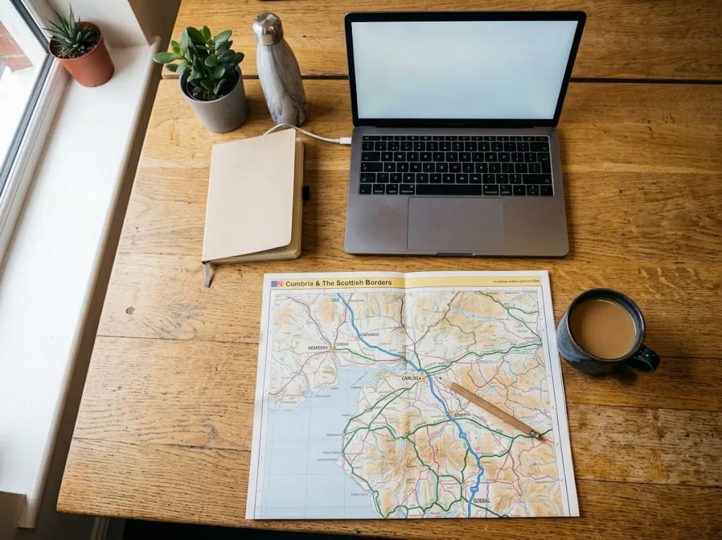Printed road map of Cumbria and southern Scotland on a desk representing dual-geography SEO planning for a Carlisle digital marketing campaign