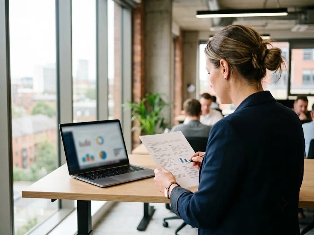 Professional reviewing a B2B digital marketing campaign brief for a Chester financial services business