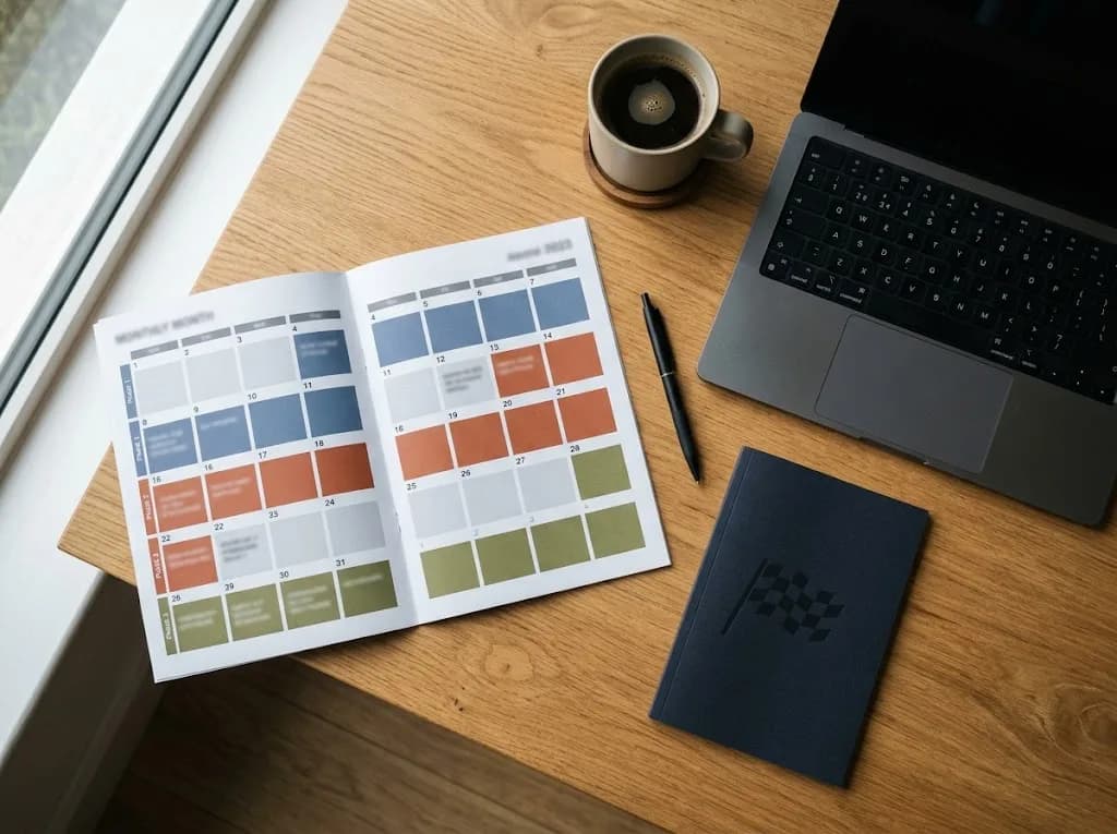 Campaign calendar and planning materials laid out on a desk for a Chichester events-season digital marketing strategy
