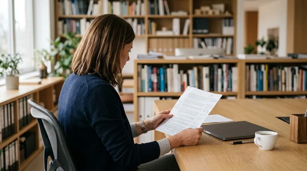 Professional reviewing a content marketing strategy document at a desk, representing Aristral's approach to content marketing for Colchester businesses