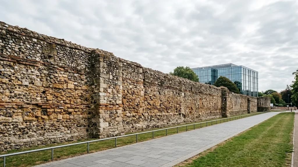 Colchester Roman wall with a modern office building in the background, representing digital marketing services for Colchester businesses