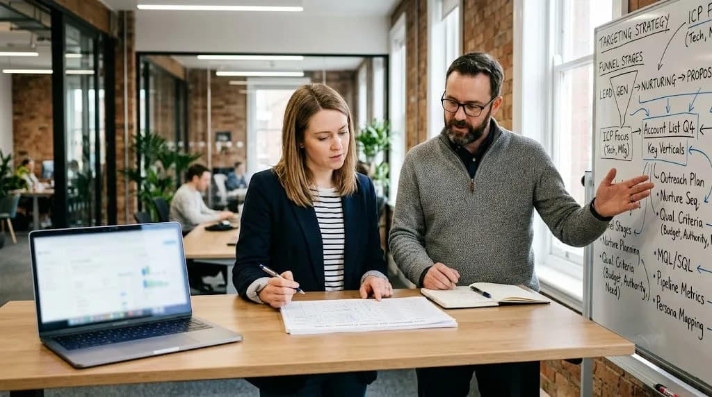 Two marketing strategists planning a B2B LinkedIn account-based marketing campaign for a Coventry engineering firm