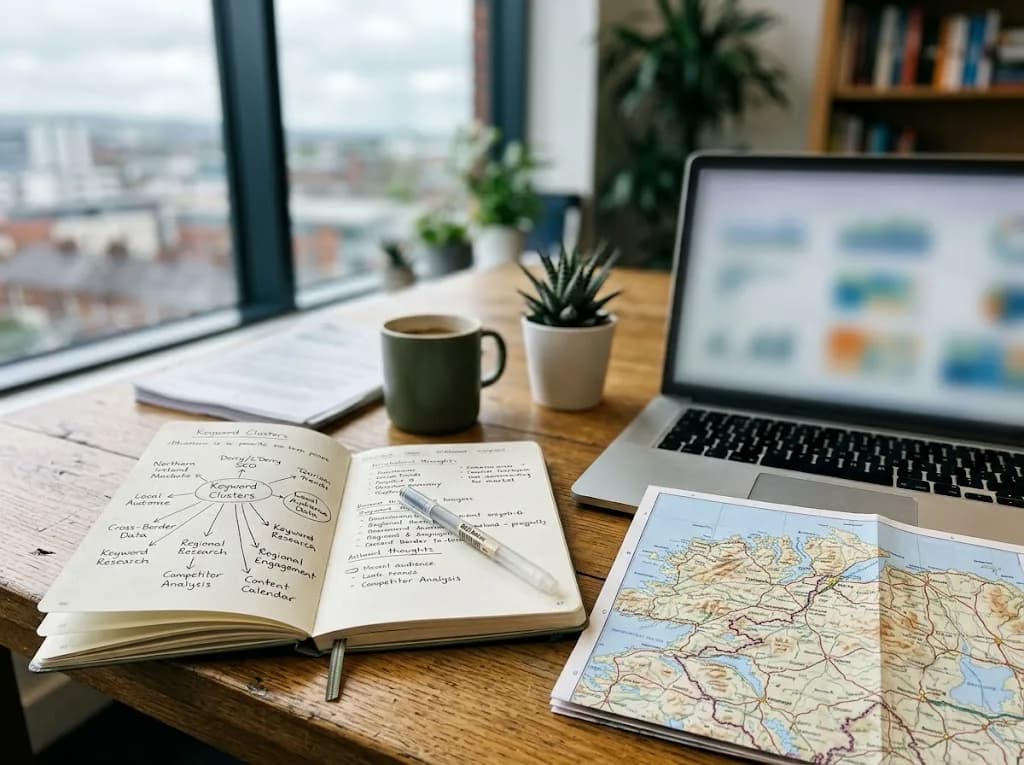Marketing strategist planning cross-border SEO and content strategy for a Derry business with a north-west Ireland map reference