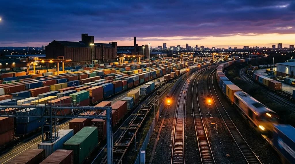 Doncaster rail freight yard at dusk representing Aristral's digital marketing work for Doncaster logistics and manufacturing businesses