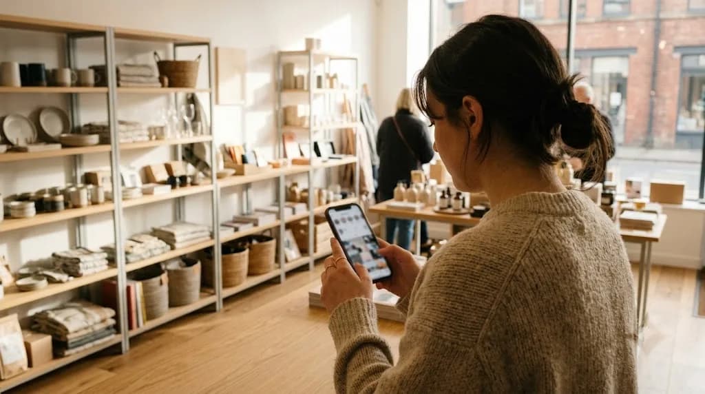 Business owner reviewing paid social content on a mobile in a Doncaster retail space