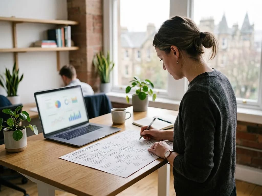 Marketing strategist reviewing an SEO and content plan for a Dundee creative or gaming business in a light-filled workspace