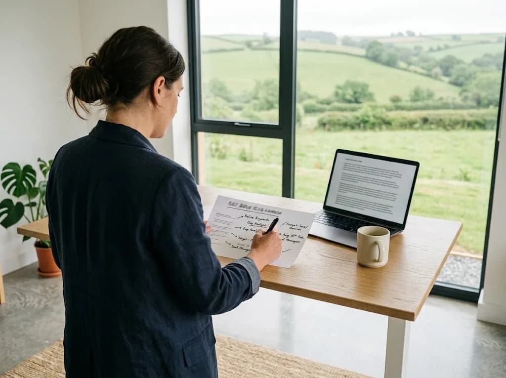 Content strategist annotating an SEO content plan for an Exeter professional-services business in a South West office