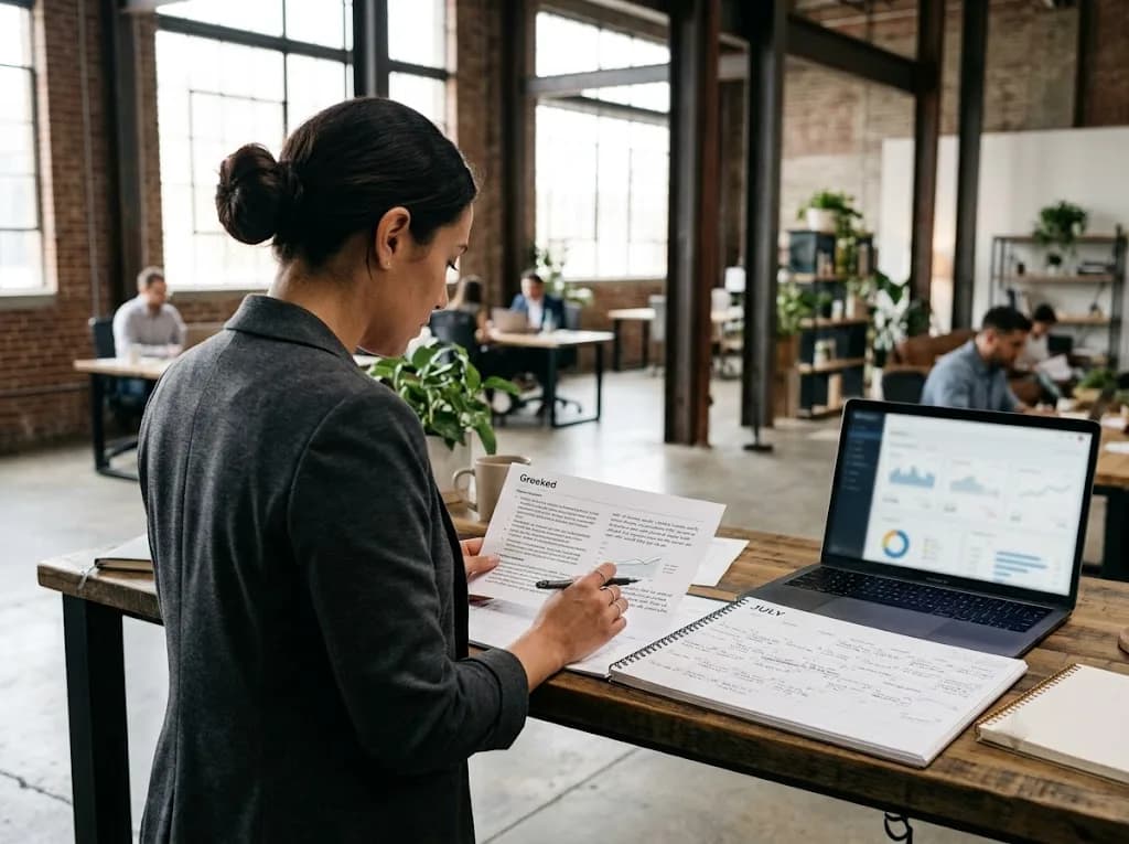 Marketing strategist reviewing a B2B content plan for a Gloucester business in a professional office environment