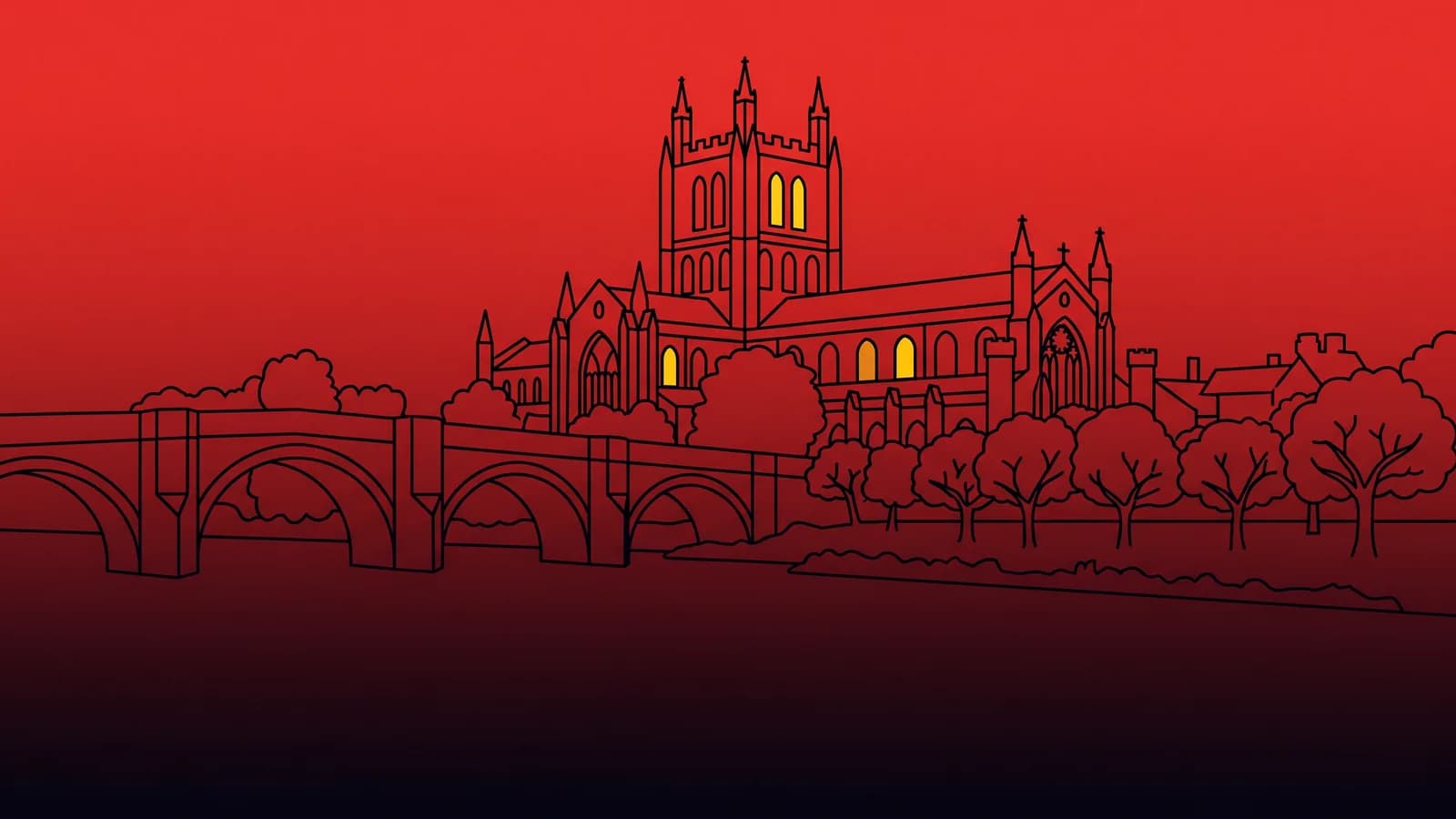 Digital marketing agency Hereford: line illustration of Hereford Cathedral above the River Wye and the Old Bridge, with yellow accent blocks marking campaign touchpoints