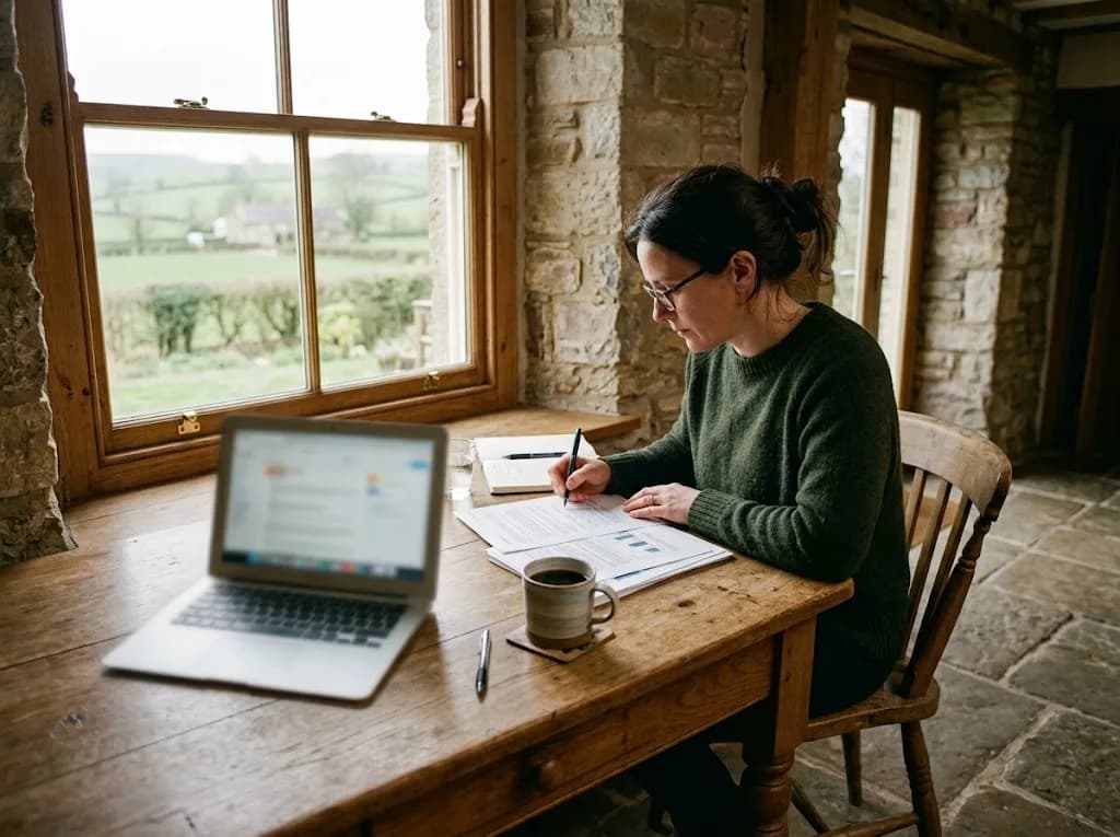Professional reviewing local SEO strategy for a Herefordshire business in a rural stone office setting