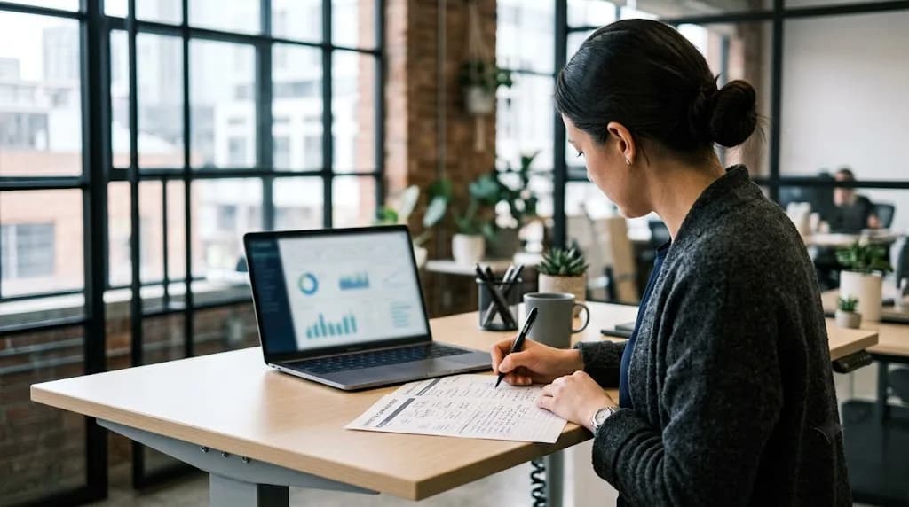 Marketing strategist planning a B2B digital campaign for a Hull offshore wind or maritime business at a desk with printed brief