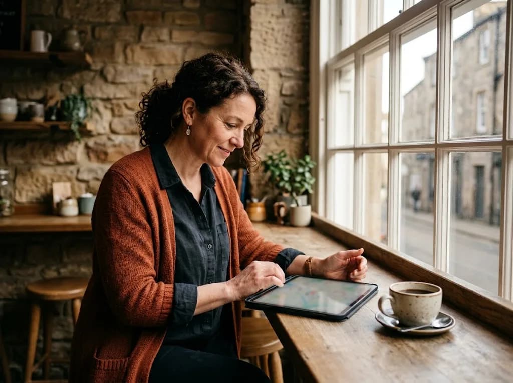 Lancaster small business owner reviewing local search visibility on a tablet in a Victorian stone-fronted café