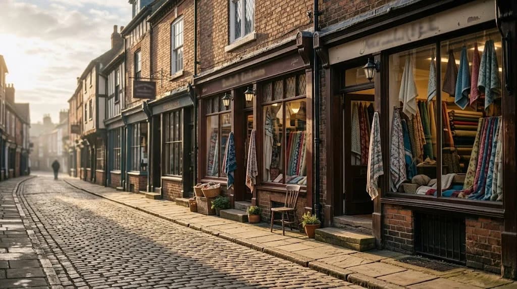 Leicester independent retail and textile shopfronts at early morning light representing the city's manufacturing and retail economy