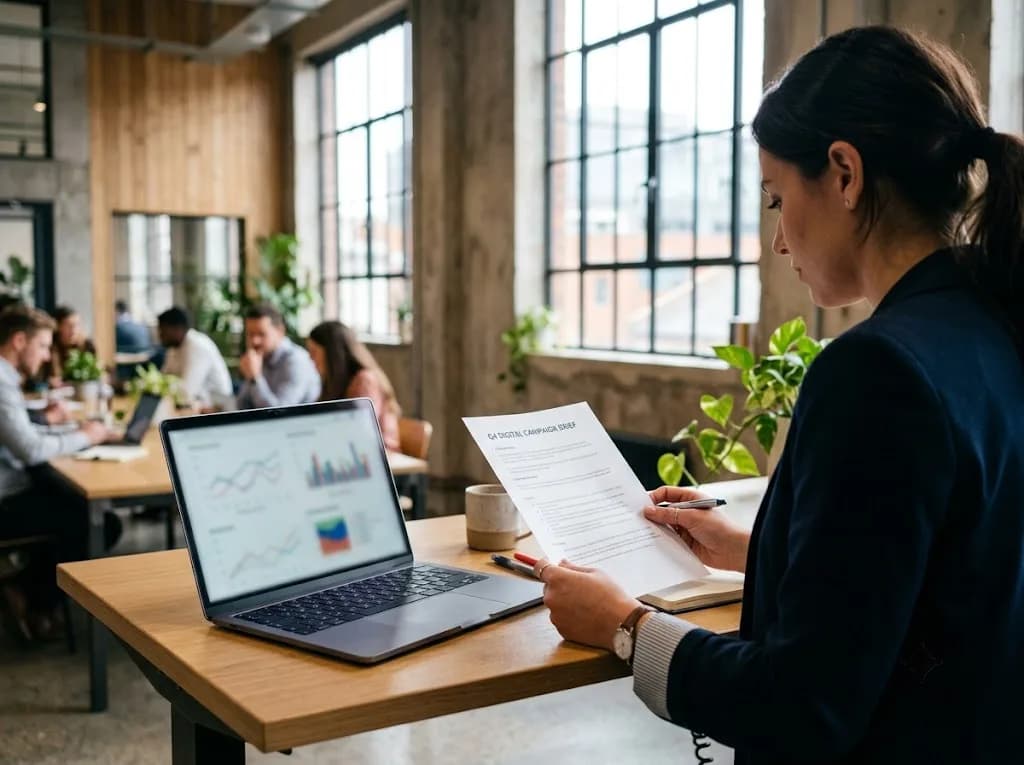 Marketing strategist reviewing a B2B paid search and LinkedIn campaign plan for a Lichfield business in a co-working space