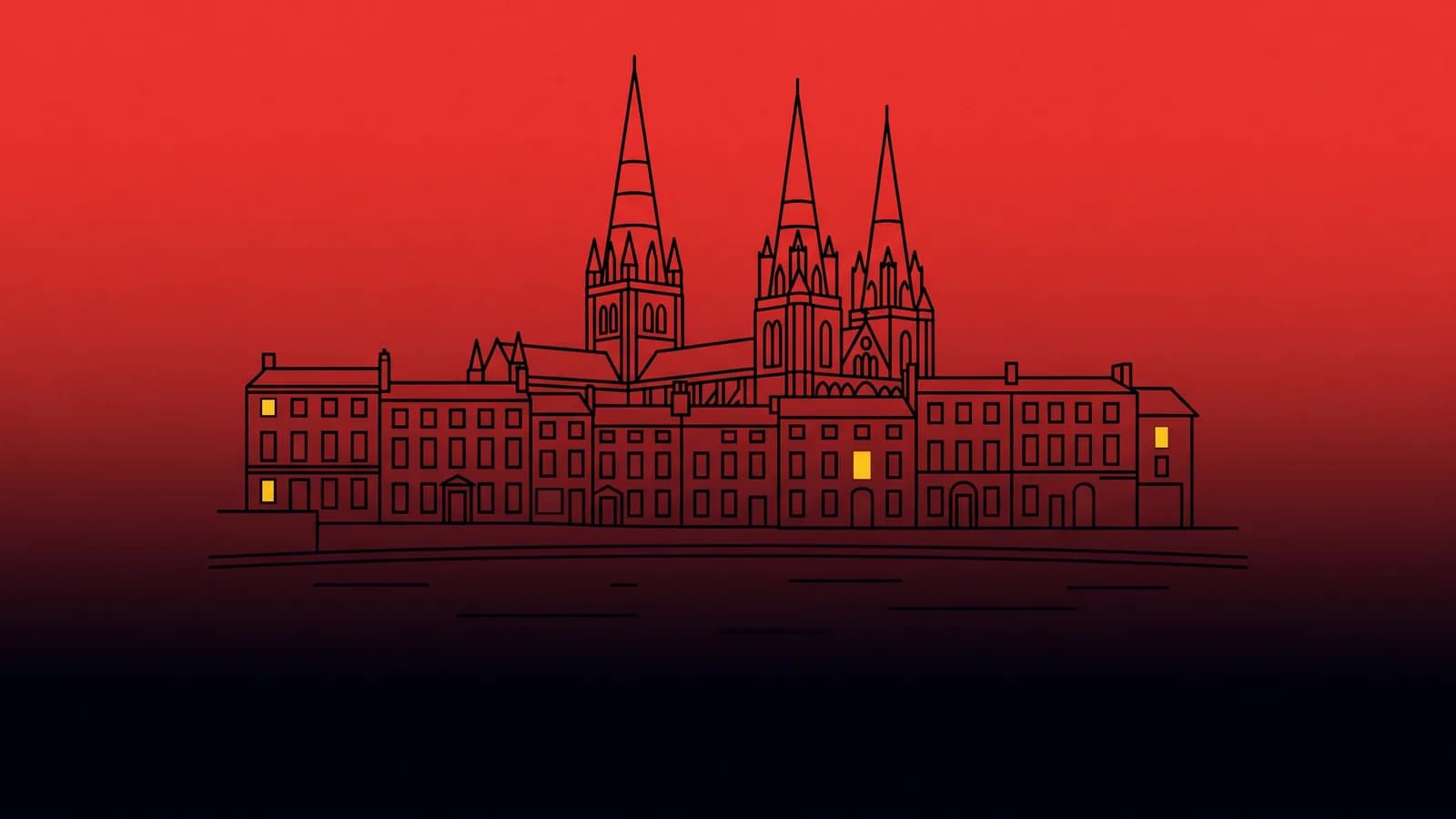 Digital marketing agency Lichfield: line illustration of Lichfield Cathedral's three spires above Minster Pool, with yellow accent blocks marking campaign touchpoints