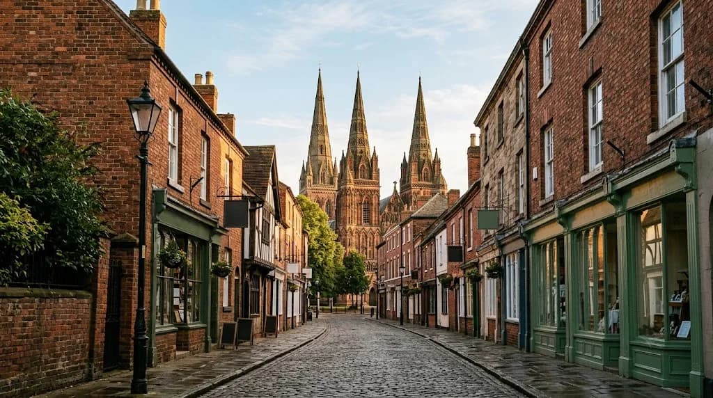 Lichfield street view with the cathedral in the background, representing Aristral's digital marketing services for Lichfield businesses