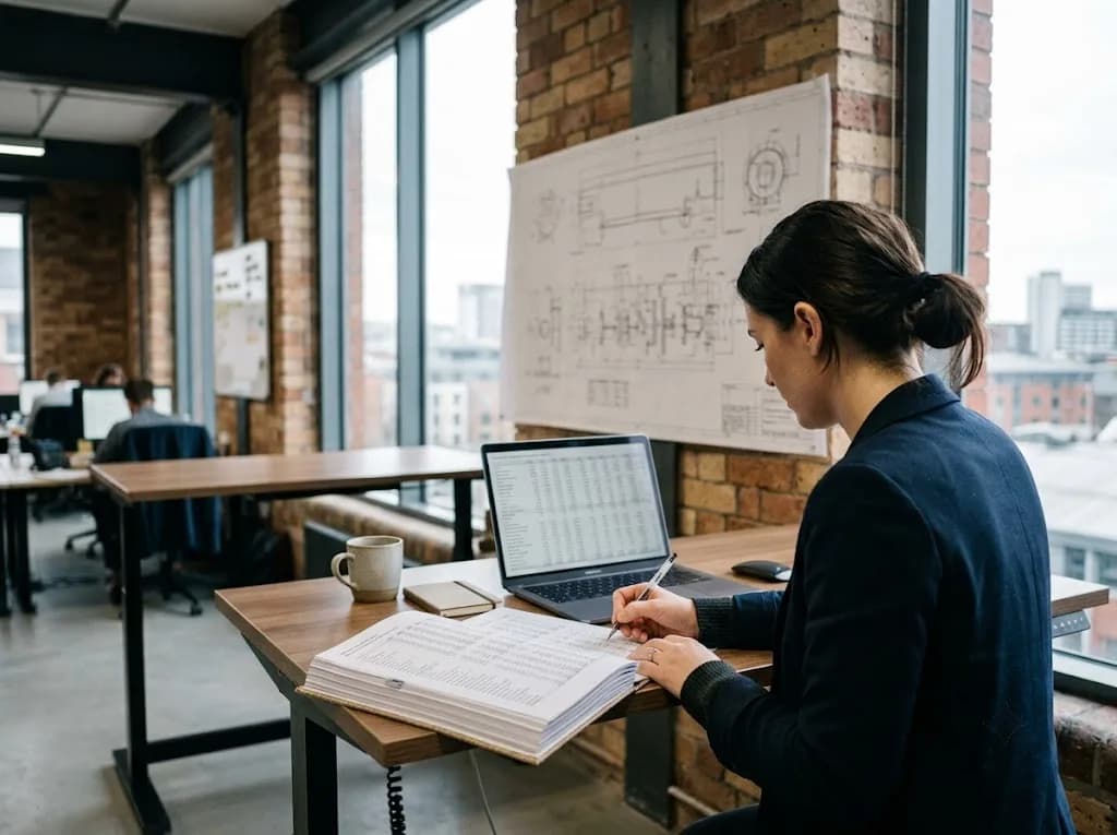 Marketing strategist reviewing a B2B content and search campaign plan in a Lincoln industrial-style office space