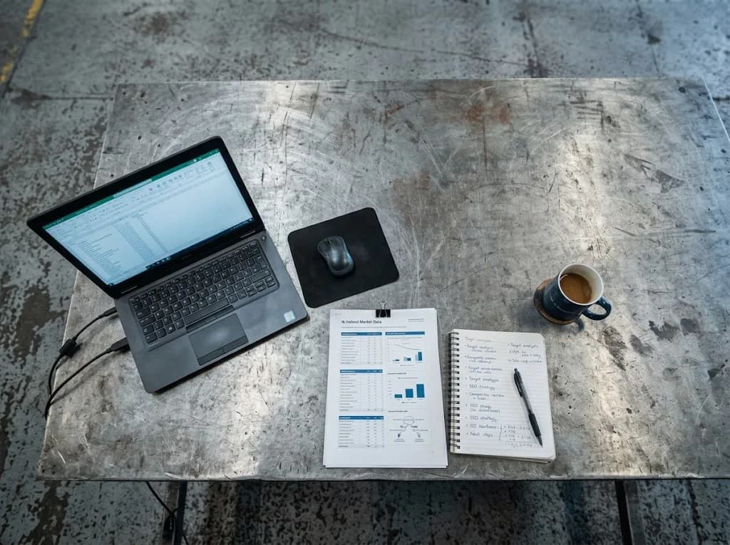 SEO and digital strategy planning documents on a desk in a Northern Irish manufacturing environment