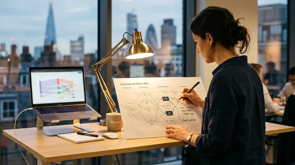 Analyst annotating a campaign attribution plan for a London digital marketing client, laptop with blurred charts in background