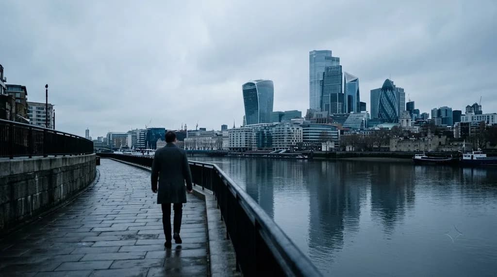 View along the Thames toward City of London office towers, representing Aristral's digital marketing work for London finance and tech businesses