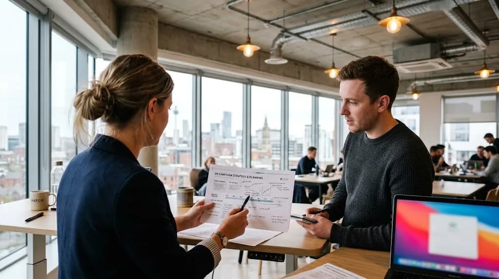 Two marketers reviewing a B2B campaign plan in a Manchester co-working space, with a city skyline in the background