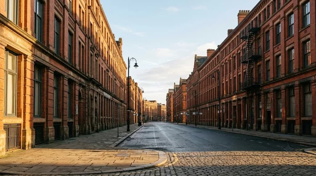 Manchester Northern Quarter red-brick warehouse street at early morning representing Aristral's digital marketing services for Manchester businesses