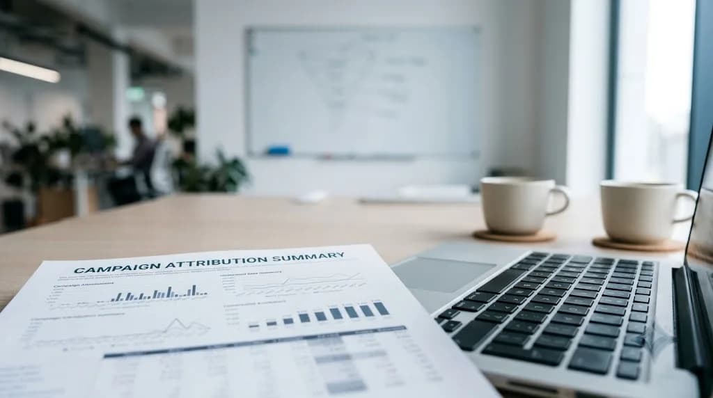 Marketing attribution report and blurred analytics screen on a desk representing GA4 and pipeline reporting for Milton Keynes businesses