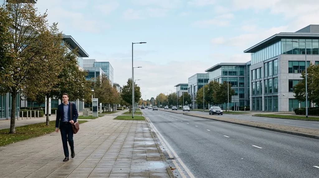 Clean modern Milton Keynes office district boulevard representing Aristral digital marketing services for Milton Keynes businesses