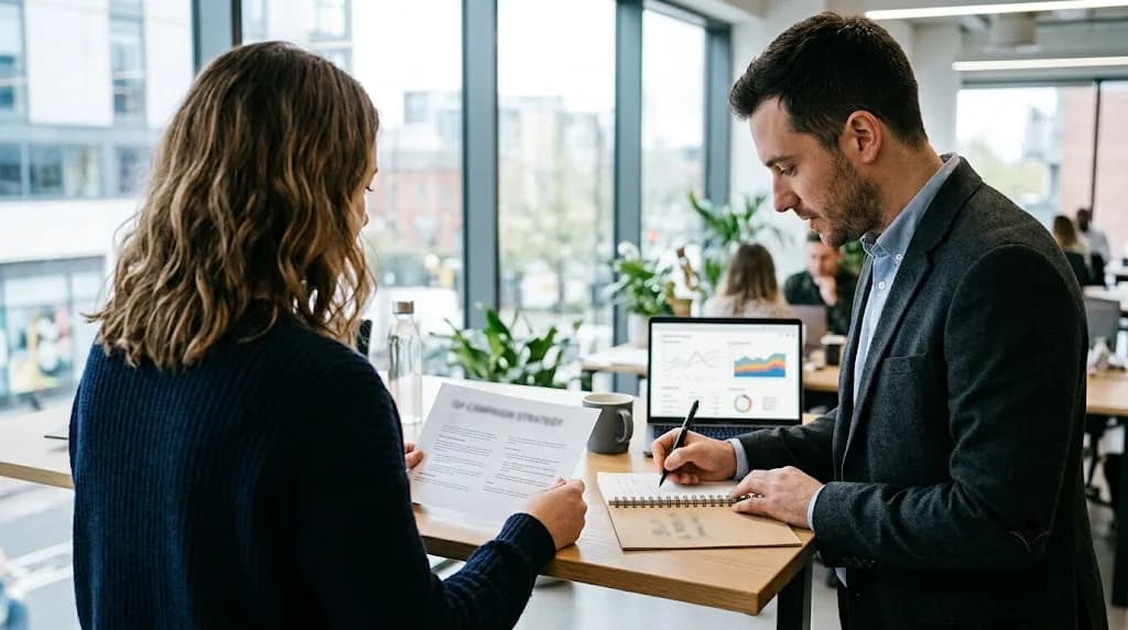 Two professionals reviewing a B2B digital marketing campaign brief in a Nottingham co-working space
