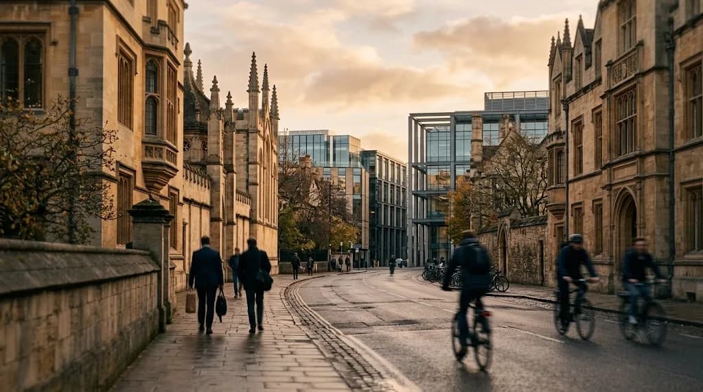 Oxford street scene blending historic stone architecture with modern research facilities representing Aristral's digital marketing work for Oxford businesses