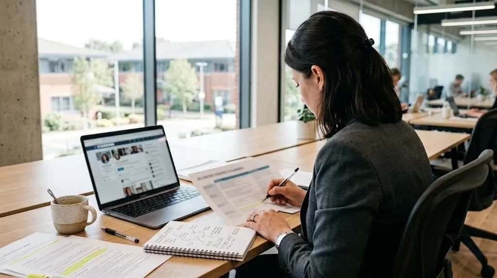Marketing strategist reviewing a LinkedIn ABM and B2B content plan for an Oxford life sciences company