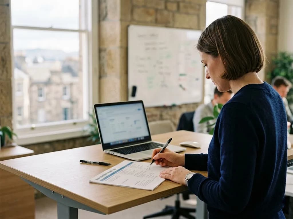 Marketing strategist reviewing a B2B content plan for a Perth Scotland business in a modern office setting