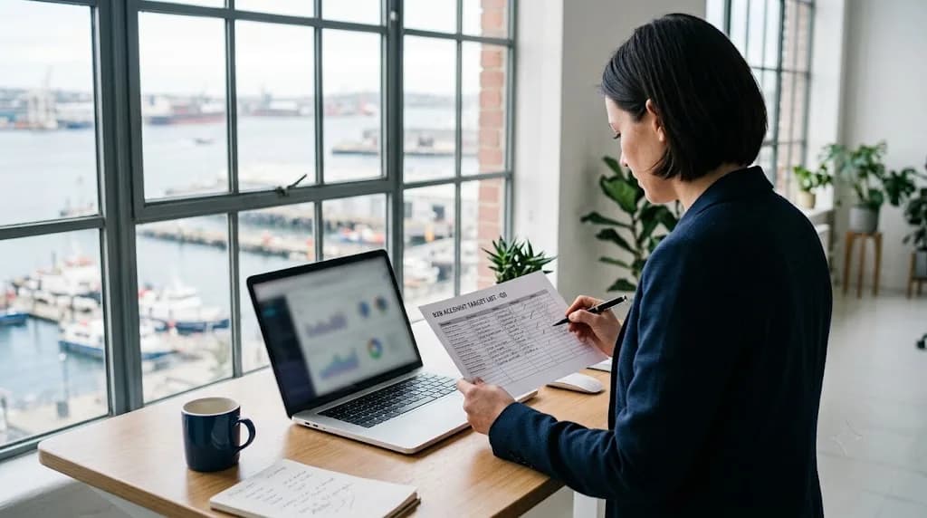 B2B marketing strategist reviewing an account-based marketing plan for a Plymouth defence or marine firm with a harbour view in the background
